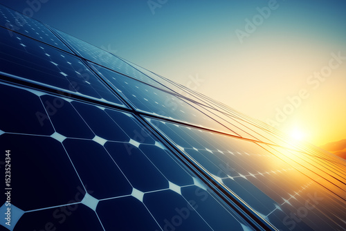 Bright Solar Panel with Radiant Sunlight at Dusk Over Clear Blue Sky