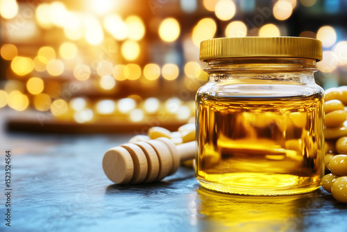 Golden Honey Jar with Wooden Dipper and Blurry Lights Background Enhancing Its Luscious Appeal