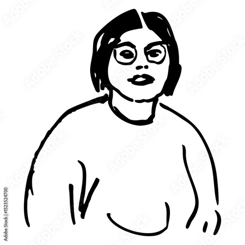 Plump young woman with short dark hair wearing glasses. Female portrait. Hand drawn linear doodle rough sketch. Black and white silhouette.
