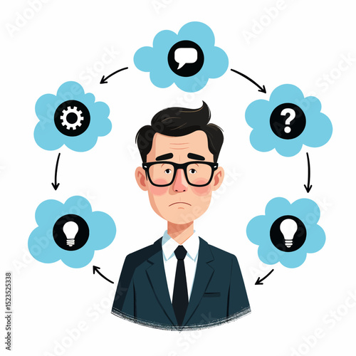 Thoughtful Businessman Surrounded by Problem-Solving Ideas
