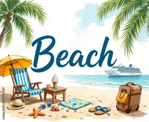 Tropical Beach Vacation with Cruise Ship and Relaxing Setup