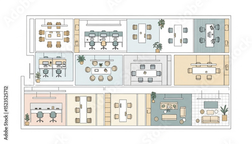 Office Floor Plan Layout | Top View Architectural Drawing of Workspace with Desks, Meeting Rooms, and Lounge Areas for Interior Design and Real Estate Marketing