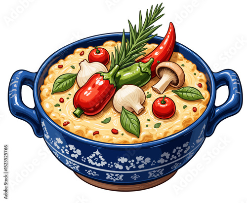 Vibrant Soup Bowl with Herbs and Vegetables in Blue Ceramic