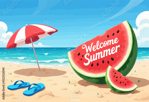 Welcome Summer Beach with Watermelon and Flip Flops