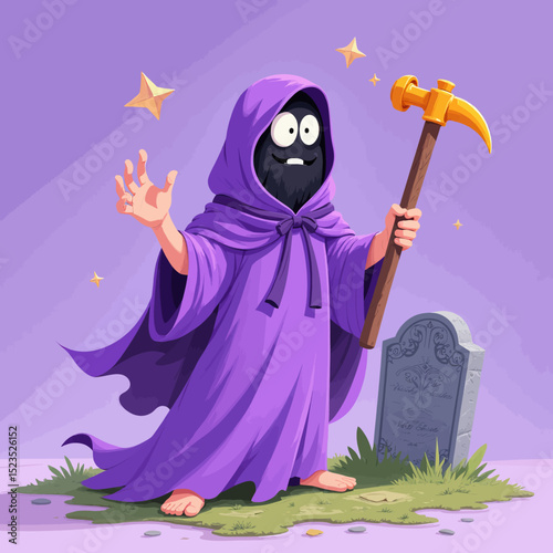 Whimsical Graveyard Ghost with Golden Scythe