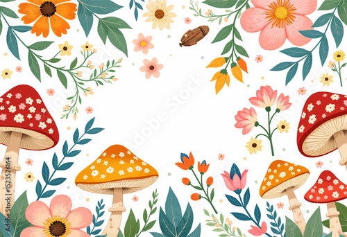 Whimsical Forest Mushrooms and Wildflowers in Spring Meadow
