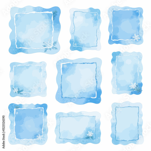 Wintery Blue Frames with Snowflakes and Pine Branches