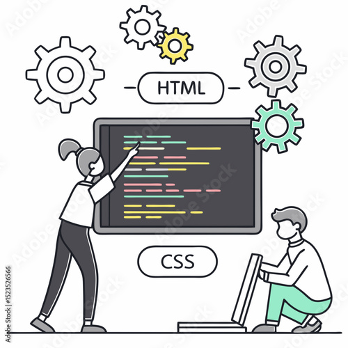 Collaborative Web Development HTML, CSS Coding Teamwork Illustration