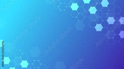 Hexagonal abstract blue background with geometric pattern. Technology digital hi tech banner design. Healthcare technology, innovation medicine, health, science and research concept.