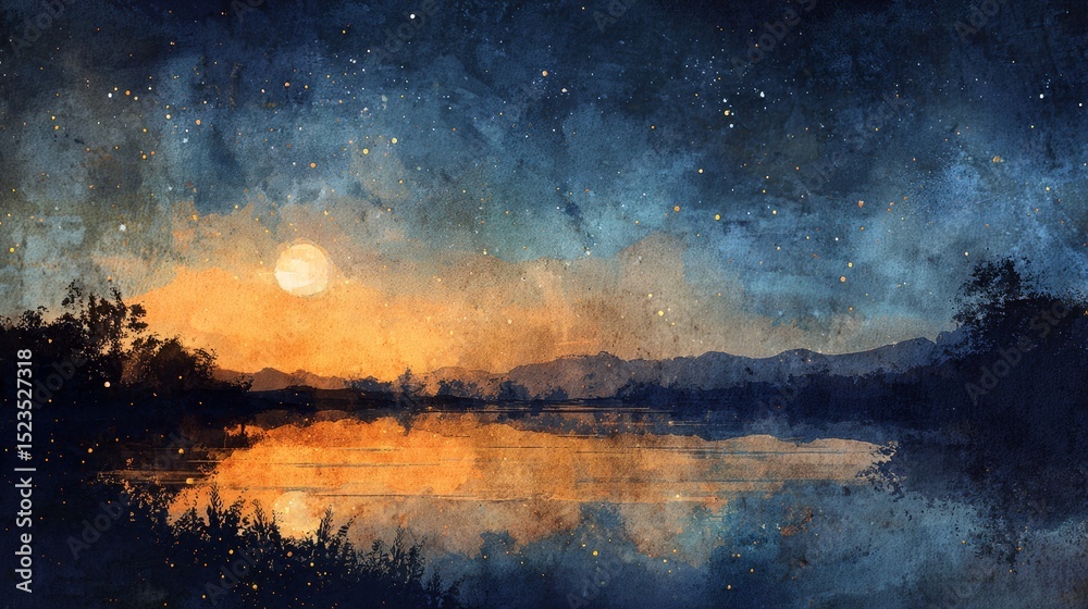 Naklejka premium Tranquil moonlight lake painting, serene night landscape reflecting the full moon