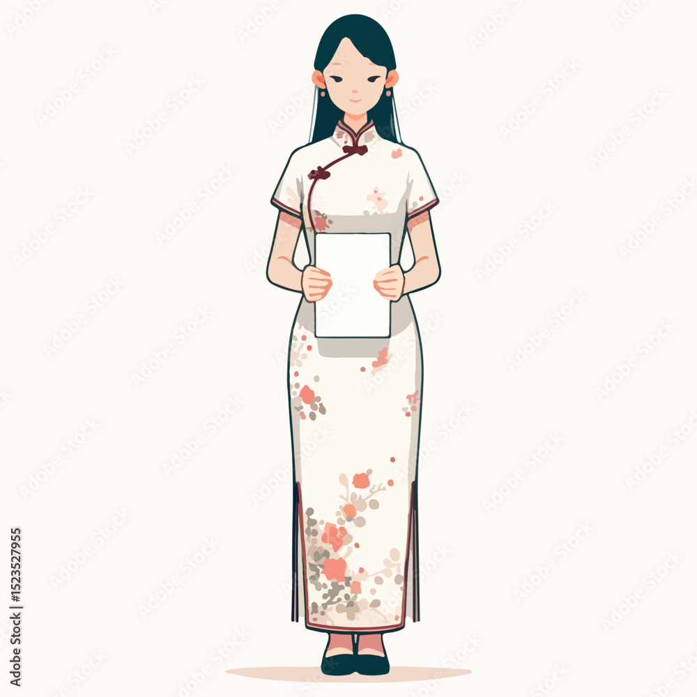 Asian woman in traditional floral dress holds blank sign, standing confidently with a serene expression, showcasing cultural attire and inviting atmosphere for promotional use Asian woman in traditional floral dress holds blank sign, standing confidently with a serene expression, showcasing cultural attire and inviting atmosphere for promotional use