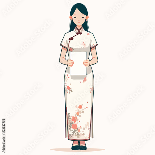 Asian woman in traditional floral dress holds blank sign, standing confidently with a serene expression, showcasing cultural attire and inviting atmosphere for promotional use