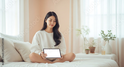 Free Download Woman on a bed holding a blank tablet in a calm, bright bedroom. - GFXLoad