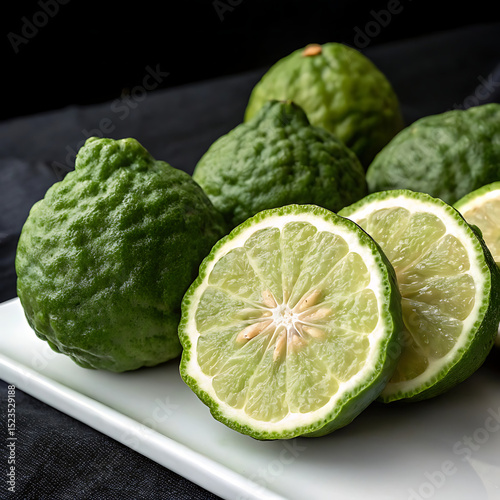 Fresh bergamot citrus fruit on a white plate with dark textured background for culinary use