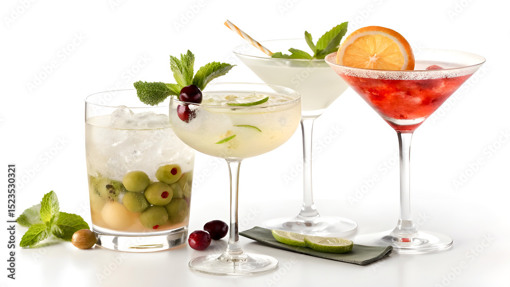 Fototapeta premium A Row of Colorful Cocktails in Martini Glasses – Elegant Drink Presentation on White Background