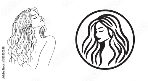 Woman with long wavy hair line art illustration
