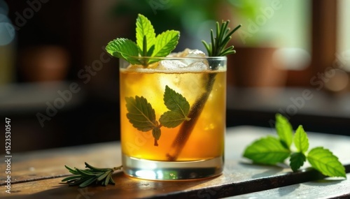 Rosemary Mint Julep with bourbon, served chilled, mint, rosemary, alcoholic