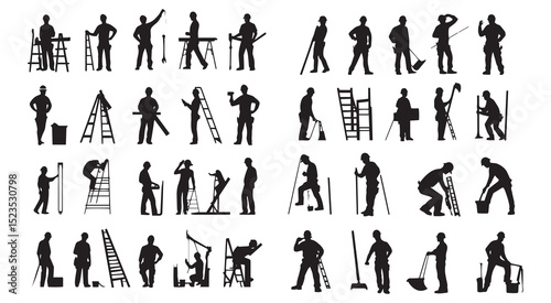 Construction workers silhouettes diverse tasks teamwork