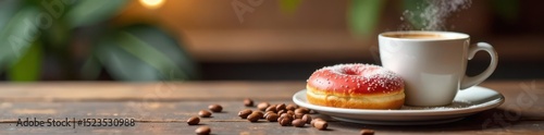Scenic coffee and donut arrangement  Ideal for breakfast banner , donut, caffeinated