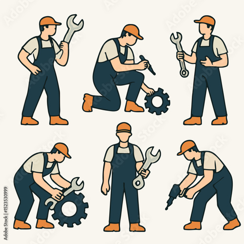 Vector Set Mechanic at Work: A set of illustrations showing a diverse mechanic in a variety of automotive repair scenarios. Each depicts skilled technician meticulously working on vehicles