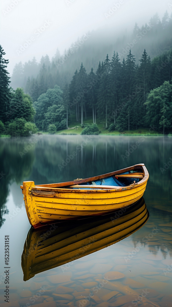 Obraz premium A serene wooden boat on the lake with colorful reflections in foggy weather