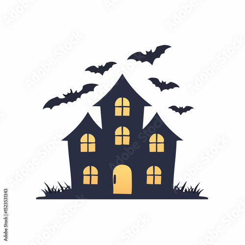 Dark haunted house icon with bats, perfect for spooky Halloween prints and seasonal decor