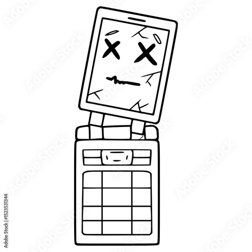 broken flip phone character illustration hand drawn outline vector