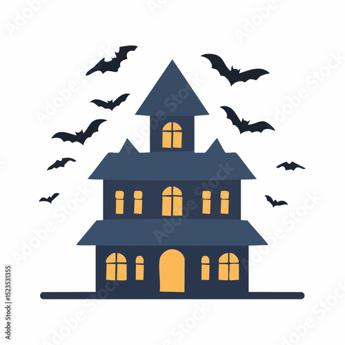 Dark haunted house icon with bats, perfect for spooky Halloween prints and seasonal decor