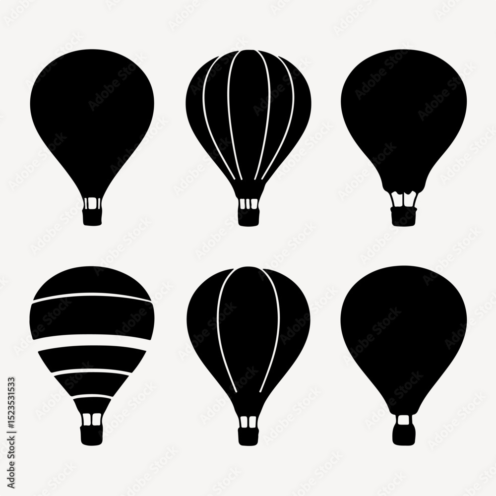 Naklejka premium Vector Set Air Balloon Silhouettes: A collection of six distinct air balloon silhouettes, showcasing variations in shape and design, ideal for branding, travel, and adventure themes.
