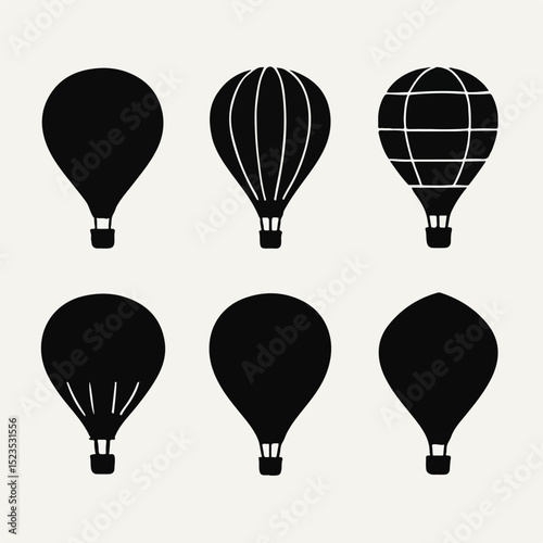 Vector Set Air Balloon Silhouettes: A collection of six distinct air balloon silhouettes, showcasing variations in shape and design, ideal for branding, travel, and adventure themes.