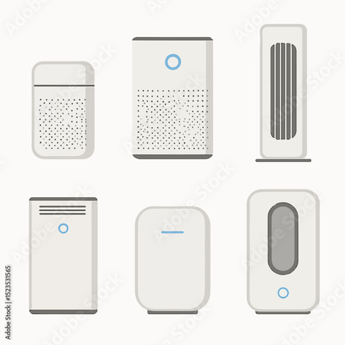 Vector Set Modern Air Purifiers: A stylish assortment of air purifiers, showcasing their sleek designs and innovative technology designed to purify air and improve indoor environments.