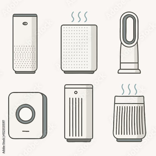 Vector Set Modern Air Purifiers: A stylish assortment of air purifiers, showcasing their sleek designs and innovative technology designed to purify air and improve indoor environments.