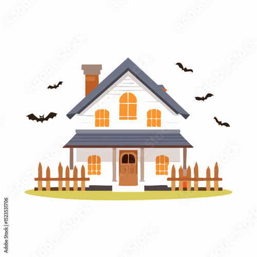 Dark haunted house icon with bats, perfect for spooky Halloween prints and seasonal decor