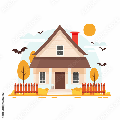 Dark haunted house icon with bats, perfect for spooky Halloween prints and seasonal decor
