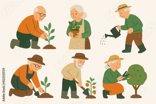 Vector Set Gardening with Care: A heartwarming illustration captures the simple joys of life as elderly individuals are engaged in the art of gardening, nurturing plants with love and patience.