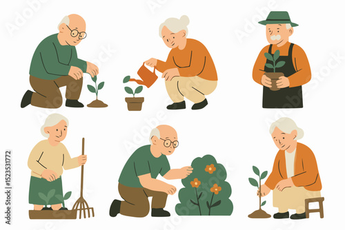 Vector Set Gardening with Care: A heartwarming illustration captures the simple joys of life as elderly individuals are engaged in the art of gardening, nurturing plants with love and patience.