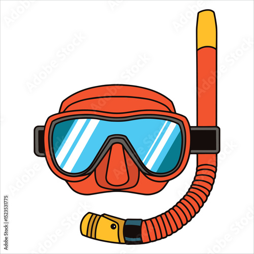 Diving gear vector, mask and snorkel in orange. Perfect for beach holidays, scuba, and marine activities.