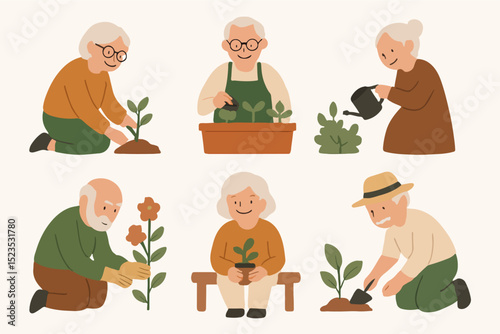Vector Set Gardening with Care: A heartwarming illustration captures the simple joys of life as elderly individuals are engaged in the art of gardening, nurturing plants with love and patience.