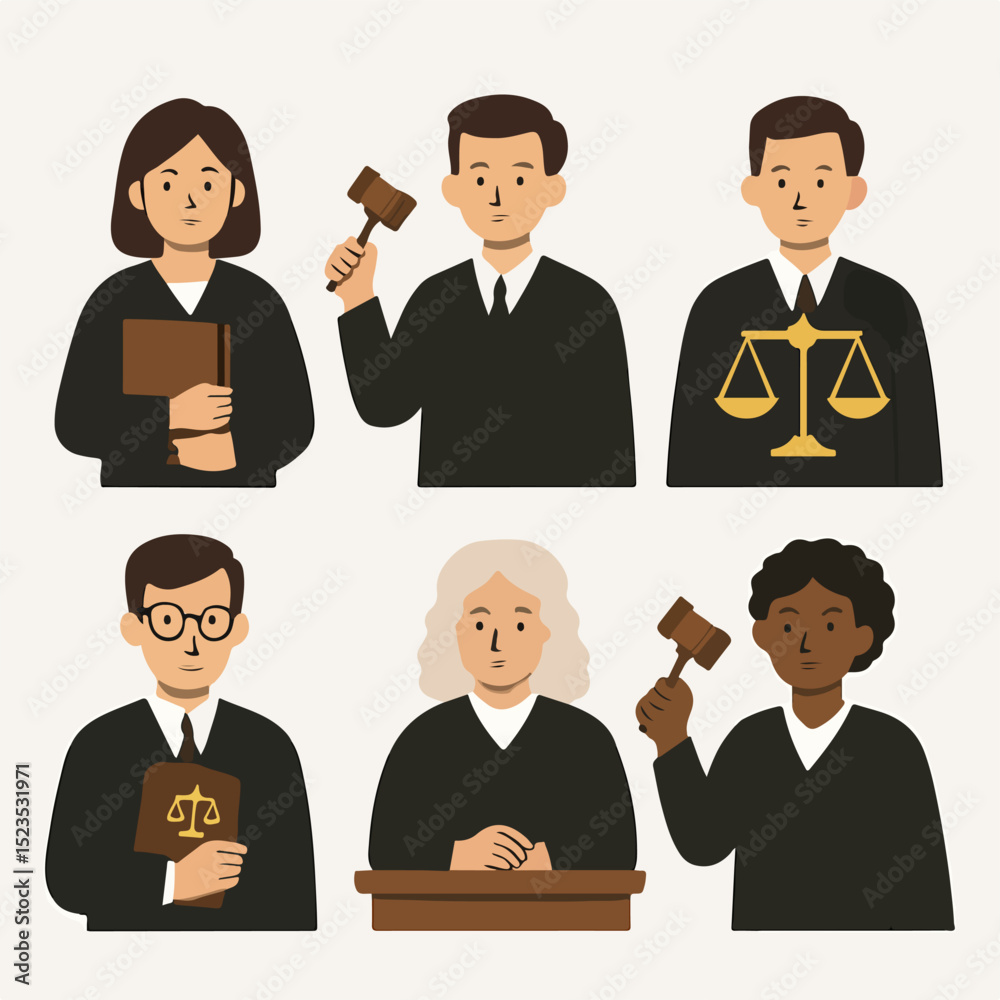 Fototapeta premium Vector Set of Lawyer and Judge Characters Justice System Vector