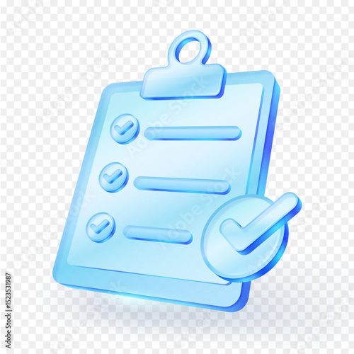 3D clipboard checklist icon. Glossy glass material with check mark and big circle check symbol. Suitable for business productivity, work apps and planning visuals. Vector illustration.