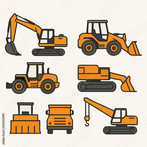 Vector Set Heavy Machinery Display: A detailed presentation showcasing various views of construction equipment, offering a comprehensive perspective on industrial tools. 