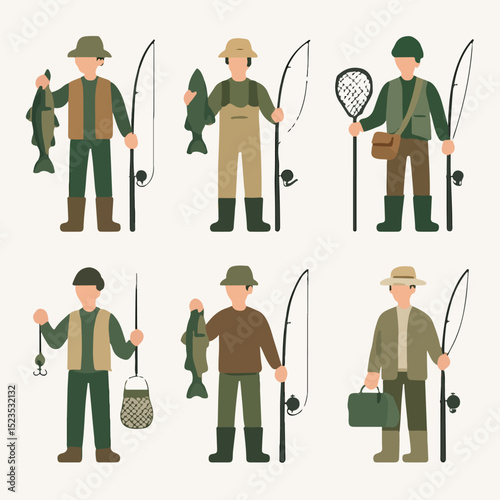 Vector Set of Fisherman Characters with Fishing Equipment Vector Illustration