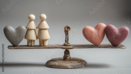 Wooden figures, hearts on scale