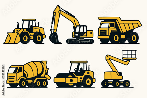 Vector Set Heavy Machinery Display: A detailed presentation showcasing various views of construction equipment, offering a comprehensive perspective on industrial tools. 