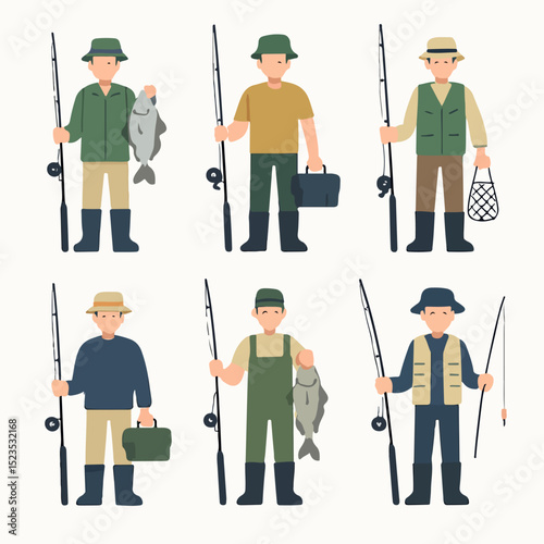 Vector Set of Fisherman Characters with Fishing Equipment Vector Illustration