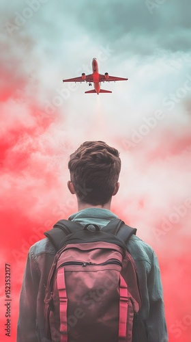 Wallpaper Mural A person with a backpack gazes at a distant airplane. Torontodigital.ca