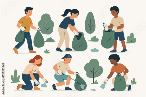 Vector Set Young person cleaning up trash in a park, contributing to a cleaner environment.
