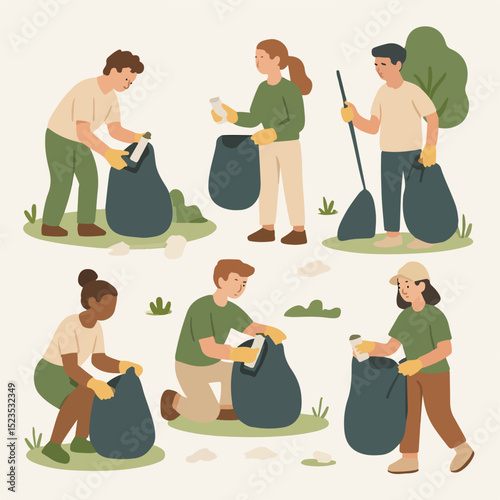 Vector Set Young person cleaning up trash in a park, contributing to a cleaner environment.
