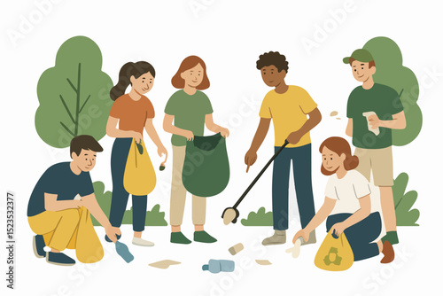 Vector Set Young person cleaning up trash in a park, contributing to a cleaner environment.
