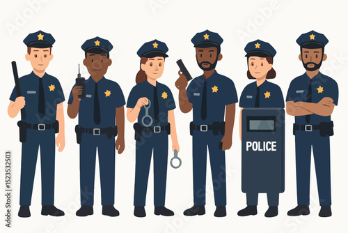 Vector Set Diverse Police Officer Characters Set with Equipment - Vector Illustration